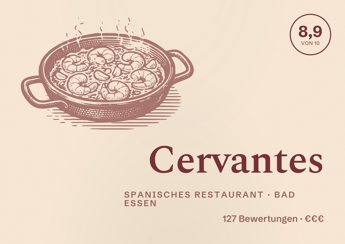 Illustriertes Poster von Cervantes, Spanisches Restaurant in Bad Essen: Bewertung 8,9 von 10 aus 127 Bewertungen, Preisniveau €€€