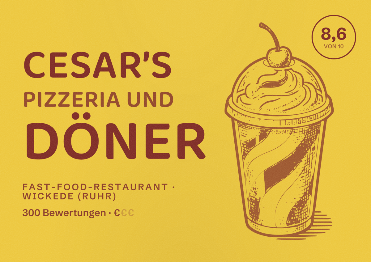 Illustriertes Poster von Cesar’s Pizzeria und Döner, Fast-Food-Restaurant in Wickede (Ruhr): Bewertung 8,6 von 10 aus 300 Bewertungen, Preisniveau €