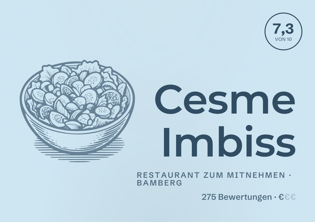 Illustriertes Poster von Cesme Imbiss, Restaurant zum Mitnehmen in Bamberg: Bewertung 7,3 von 10 aus 275 Bewertungen, Preisniveau €