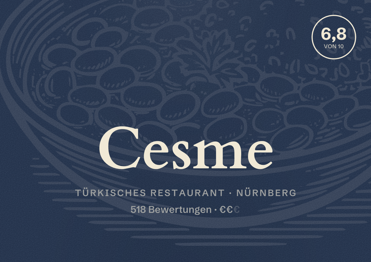 Illustriertes Poster von Cesme, Türkisches Restaurant in Nürnberg: Bewertung 6,8 von 10 aus 518 Bewertungen, Preisniveau €€