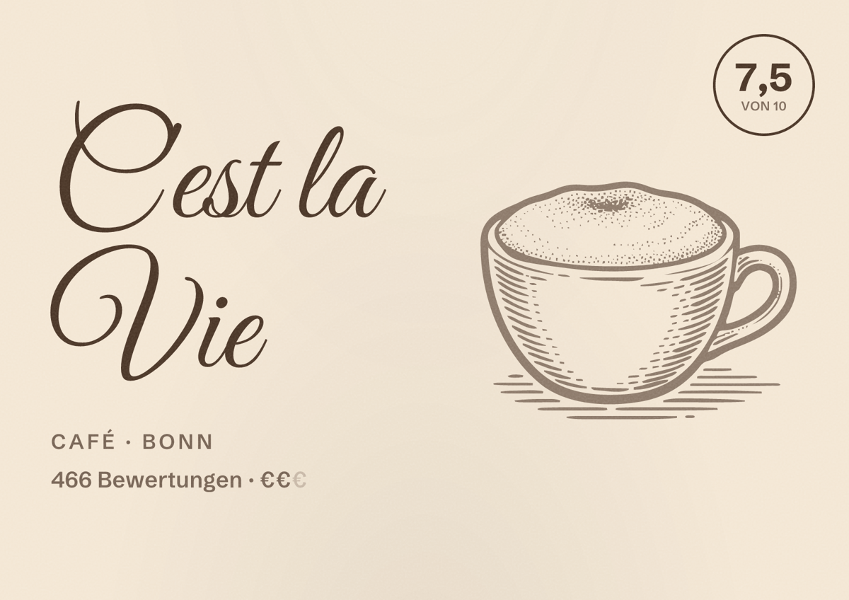 Illustriertes Poster von C'est la Vie, Café in Bonn: Bewertung 7,5 von 10 aus 466 Bewertungen, Preisniveau €€
