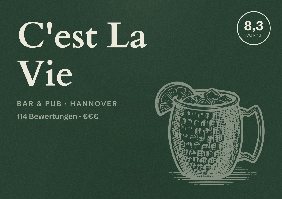 Illustriertes Poster von C'est La Vie, Bar & Pub in Hannover: Bewertung 8,3 von 10 aus 114 Bewertungen, Preisniveau €€€