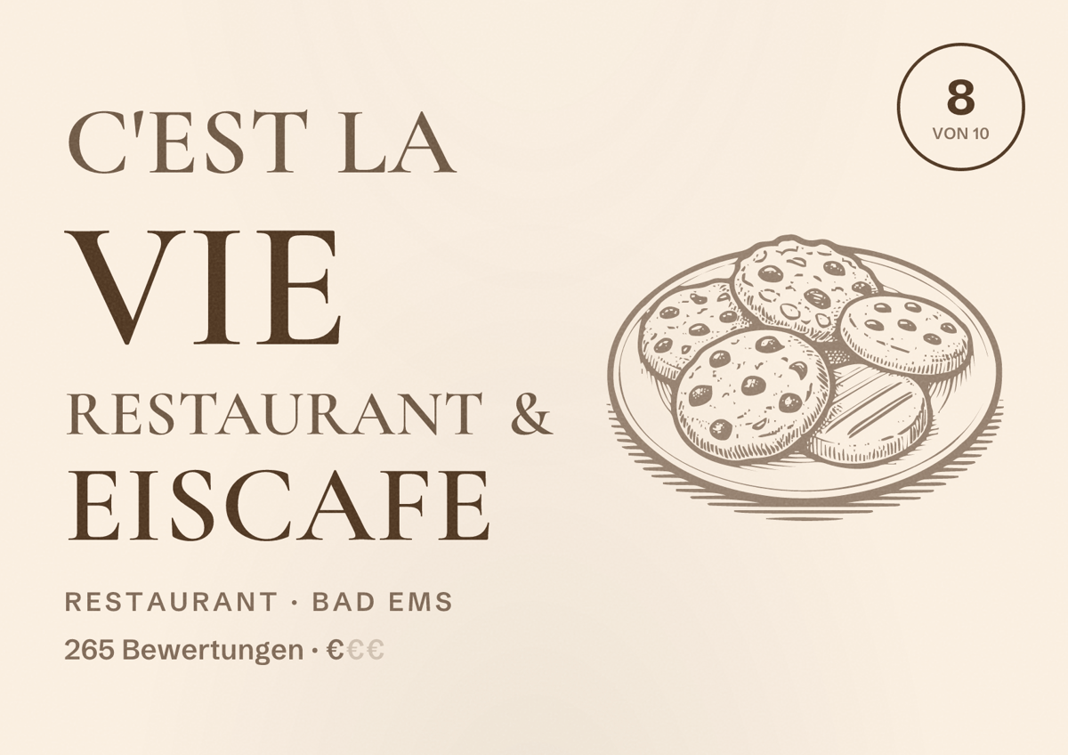 Illustriertes Poster von C'est La Vie Restaurant & Eiscafe, Restaurant in Bad Ems: Bewertung 8 von 10 aus 265 Bewertungen, Preisniveau €