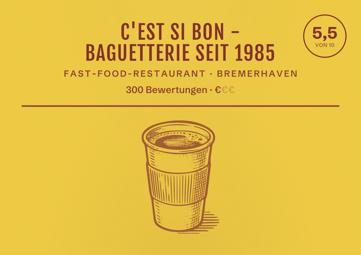 Illustriertes Poster von C'est Si Bon - Baguetterie seit 1985, Fast-Food-Restaurant in Bremerhaven: Bewertung 5,5 von 10 aus 300 Bewertungen, Preisniveau €
