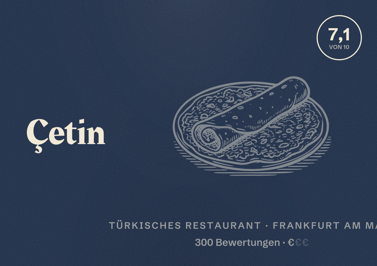Illustriertes Poster von Çetin Grill, Türkisches Restaurant in Frankfurt am Main: Bewertung 7,1 von 10 aus 300 Bewertungen, Preisniveau €