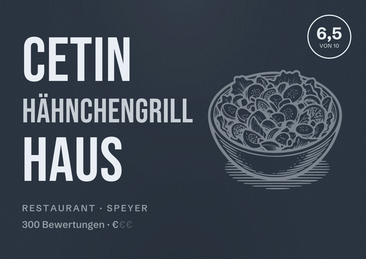 Illustriertes Poster von Cetin Hähnchengrill Haus, Restaurant in Speyer: Bewertung 6,5 von 10 aus 300 Bewertungen, Preisniveau €
