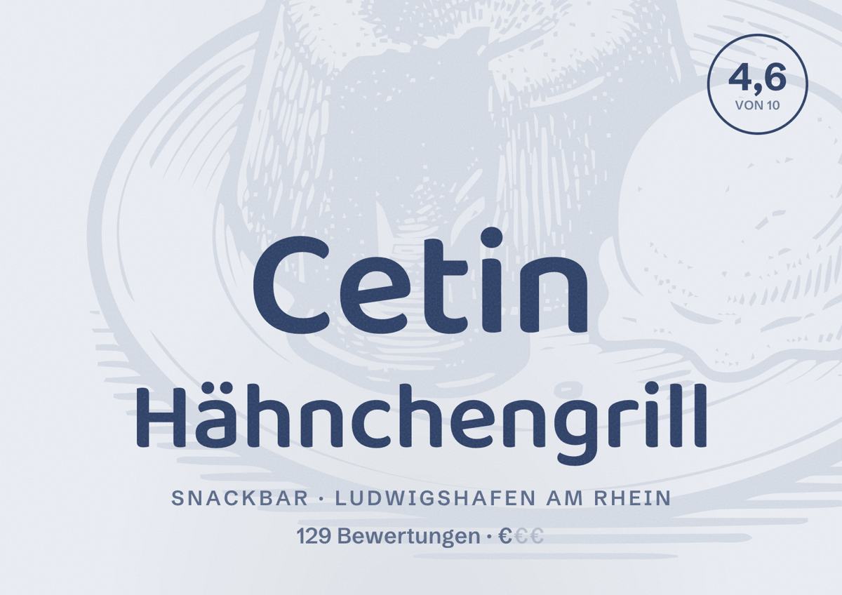 Illustriertes Poster von Cetin Hähnchengrill, Snackbar in Ludwigshafen am Rhein: Bewertung 4,6 von 10 aus 129 Bewertungen, Preisniveau €