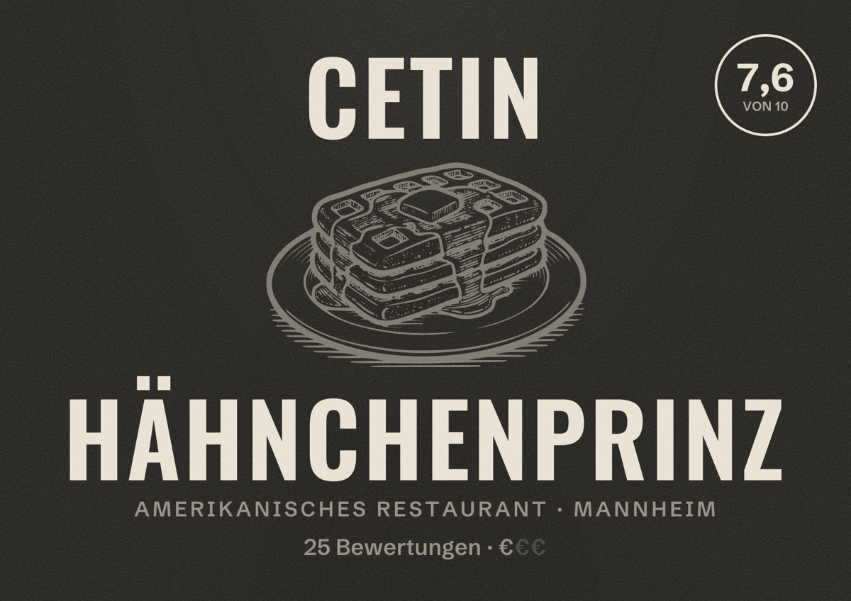 Illustriertes Poster von Cetin Hähnchenprinz, Amerikanisches Restaurant in Mannheim: Bewertung 7,6 von 10 aus 25 Bewertungen, Preisniveau €