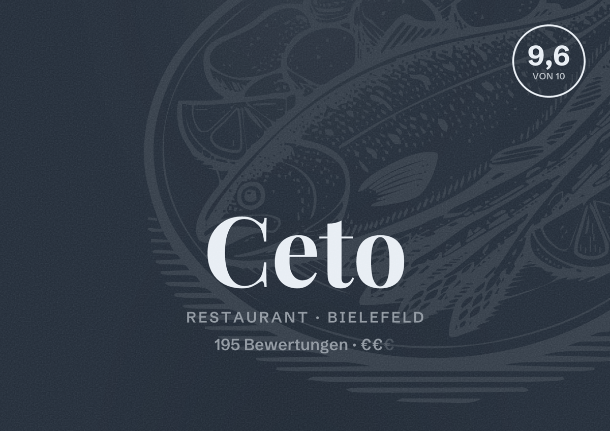 Illustriertes Poster von Ceto, Restaurant in Bielefeld: Bewertung 9,6 von 10 aus 195 Bewertungen, Preisniveau €€