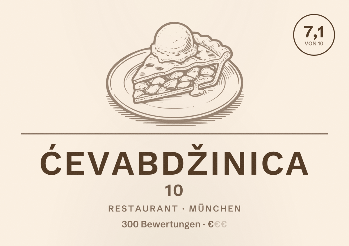 Illustriertes Poster von Ćevabdžinica 10, Restaurant in München: Bewertung 7,1 von 10 aus 300 Bewertungen, Preisniveau €