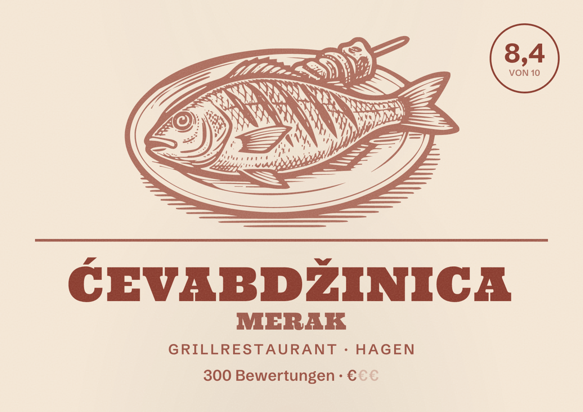 Illustriertes Poster von Ćevabdžinica Merak, Grillrestaurant in Hagen: Bewertung 8,4 von 10 aus 300 Bewertungen, Preisniveau €