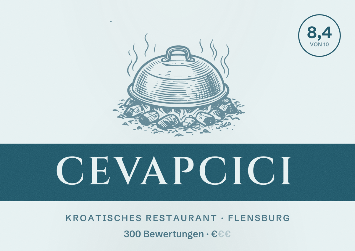 Illustriertes Poster von Cevapcici, Kroatisches Restaurant in Flensburg: Bewertung 8,4 von 10 aus 300 Bewertungen, Preisniveau €