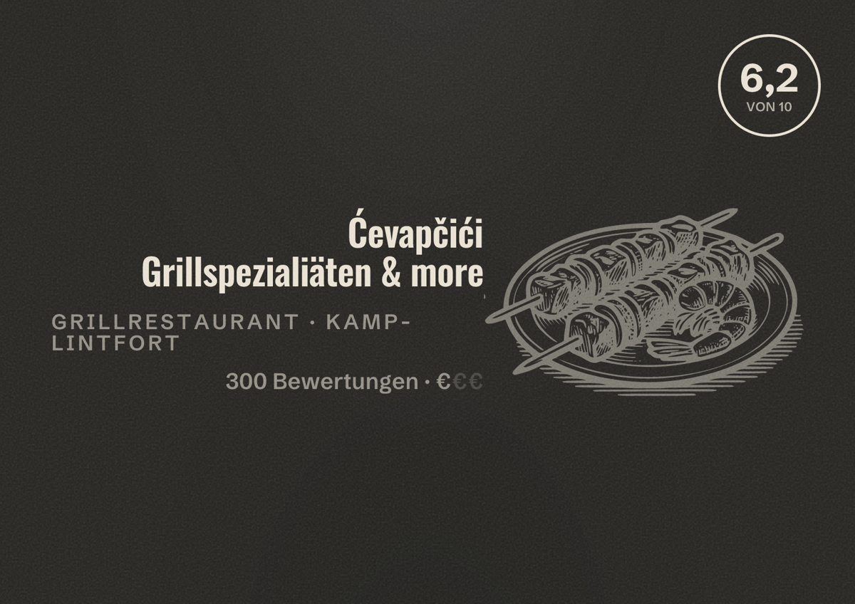 Illustriertes Poster von Ćevapčići Grillspezialiäten & more, Grillrestaurant in Kamp-Lintfort: Bewertung 6,2 von 10 aus 300 Bewertungen, Preisniveau €