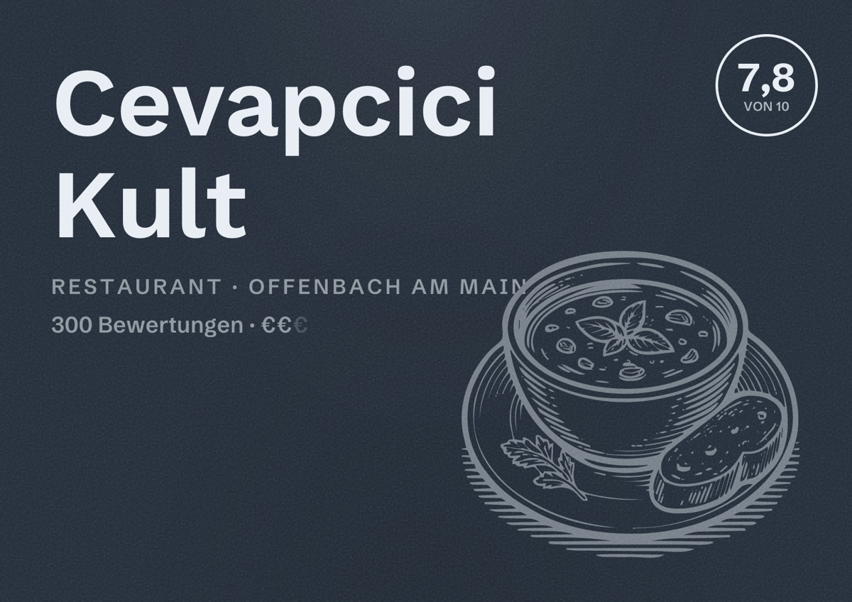 Illustriertes Poster von Cevapcici Kult, Restaurant in Offenbach am Main: Bewertung 7,8 von 10 aus 300 Bewertungen, Preisniveau €€