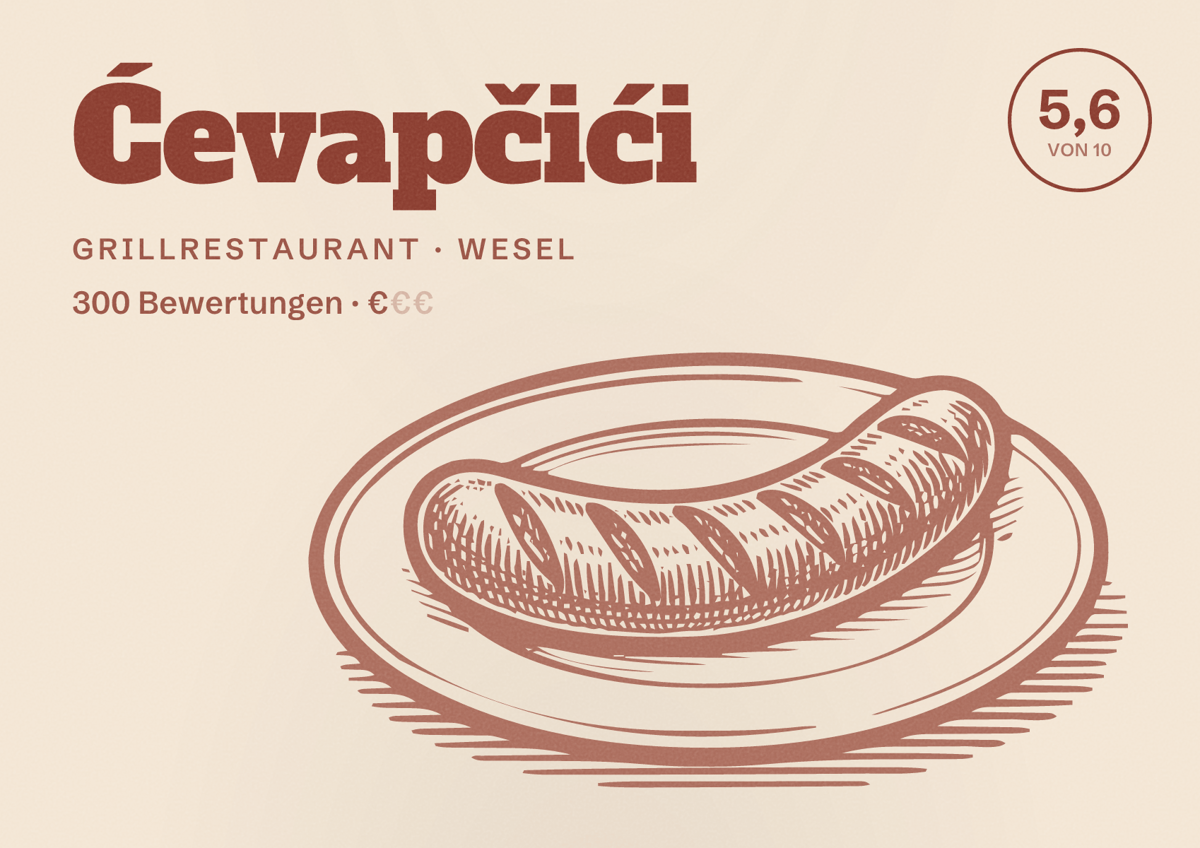 Illustriertes Poster von Ćevapčići, Grillrestaurant in Wesel: Bewertung 5,6 von 10 aus 300 Bewertungen, Preisniveau €