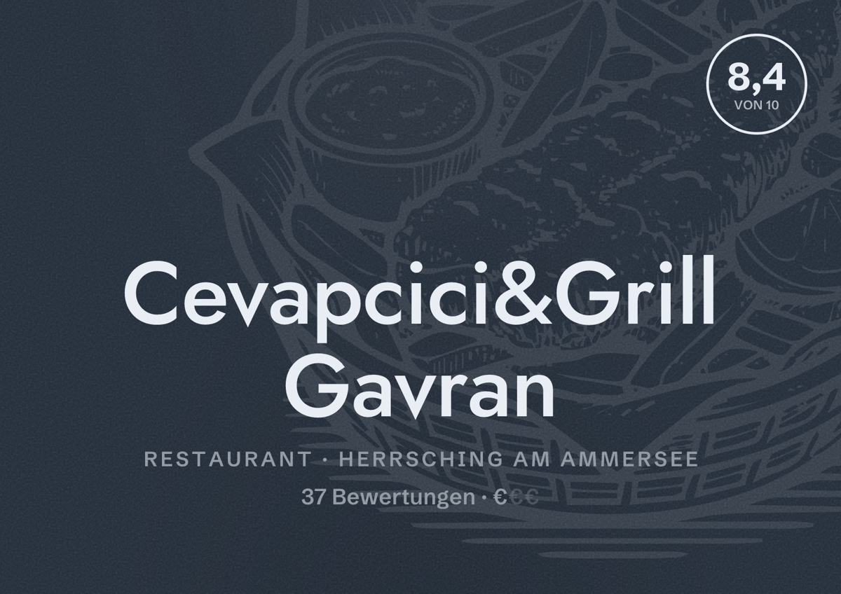 Illustriertes Poster von Cevapcici&Grill Gavran, Restaurant in Herrsching am Ammersee: Bewertung 8,4 von 10 aus 37 Bewertungen, Preisniveau €