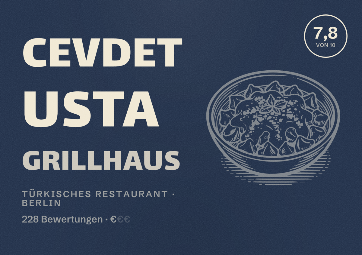 Illustriertes Poster von Cevdet Usta Grillhaus, Türkisches Restaurant in Berlin: Bewertung 7,8 von 10 aus 228 Bewertungen, Preisniveau €