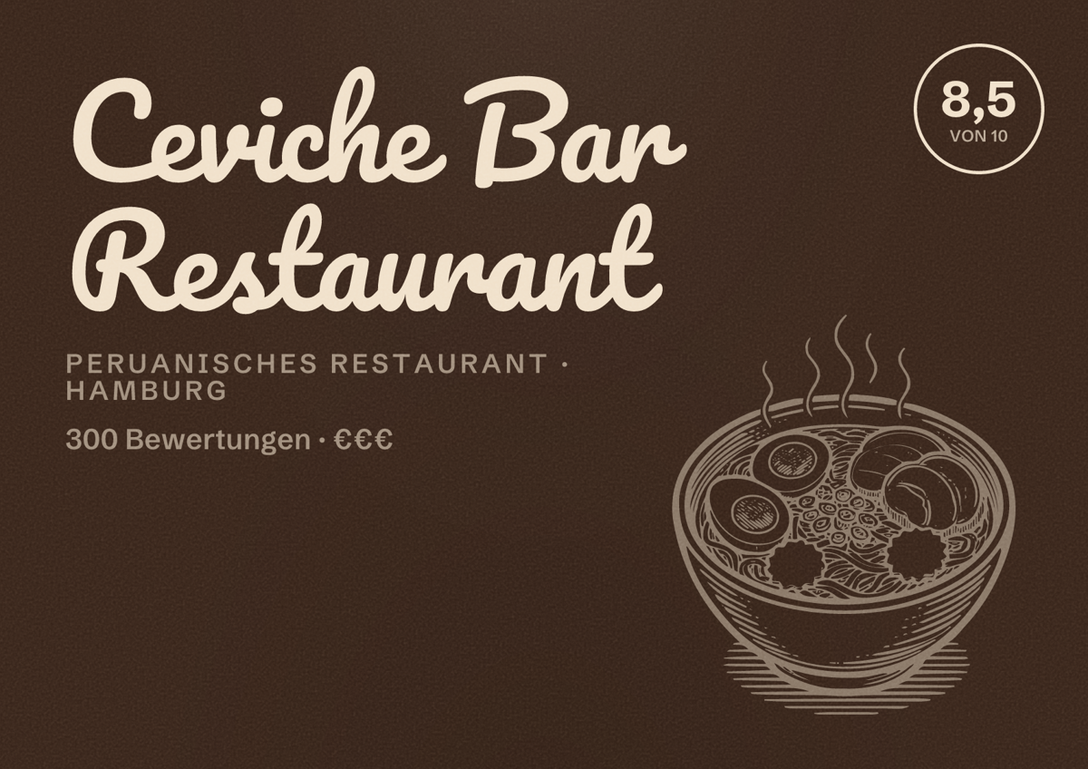 Illustriertes Poster von Ceviche Bar Restaurant, Peruanisches Restaurant in Hamburg: Bewertung 8,5 von 10 aus 300 Bewertungen, Preisniveau €€€
