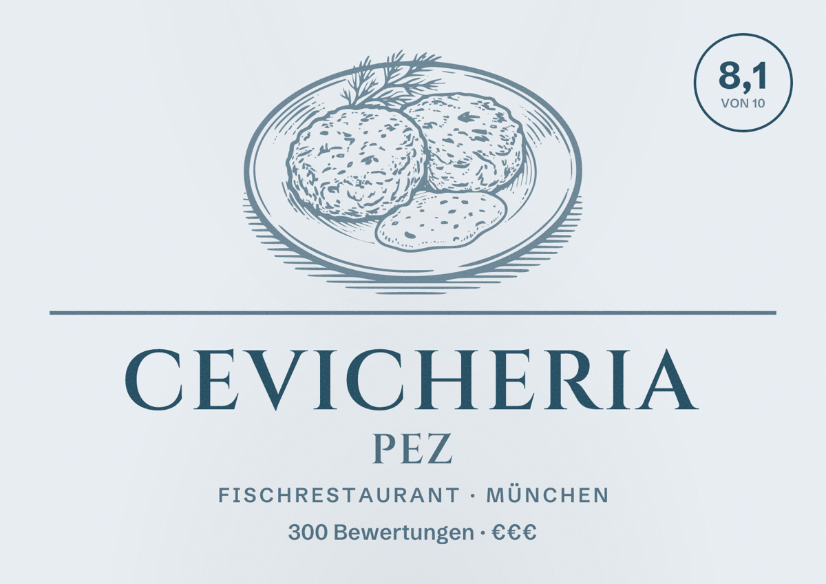 Illustriertes Poster von Cevicheria Pez, Fischrestaurant in München: Bewertung 8,1 von 10 aus 300 Bewertungen, Preisniveau €€€