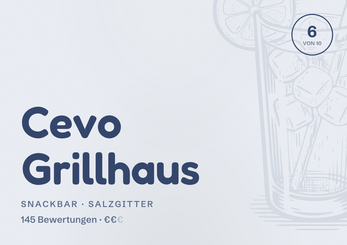 Illustriertes Poster von Cevo Grillhaus, Snackbar in Salzgitter: Bewertung 6 von 10 aus 145 Bewertungen, Preisniveau €€