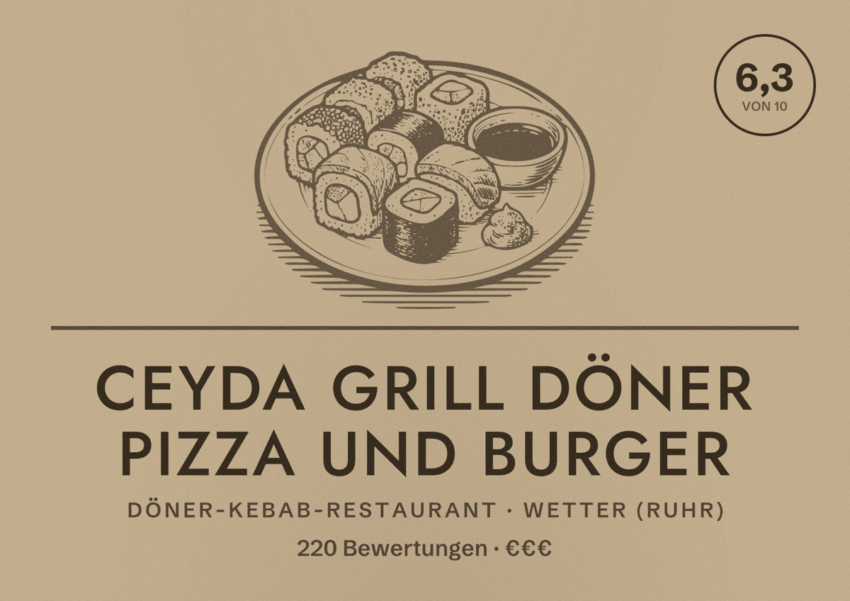 Illustriertes Poster von Ceyda Grill Döner Pizza und Burger, Döner-Kebab-Restaurant in Wetter (Ruhr): Bewertung 6,3 von 10 aus 220 Bewertungen, Preisniveau €€€