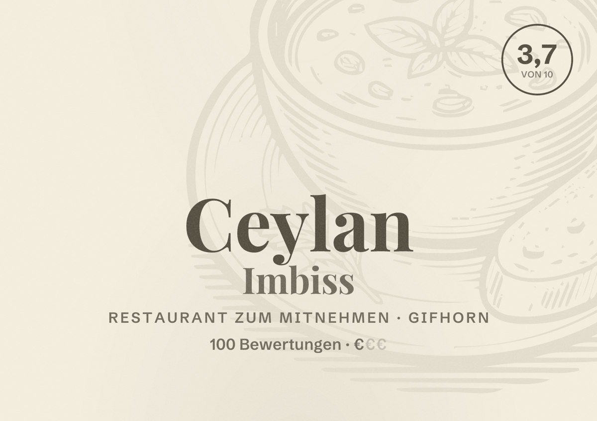 Illustriertes Poster von Ceylan Imbiss, Restaurant zum Mitnehmen in Gifhorn: Bewertung 3,7 von 10 aus 100 Bewertungen, Preisniveau €