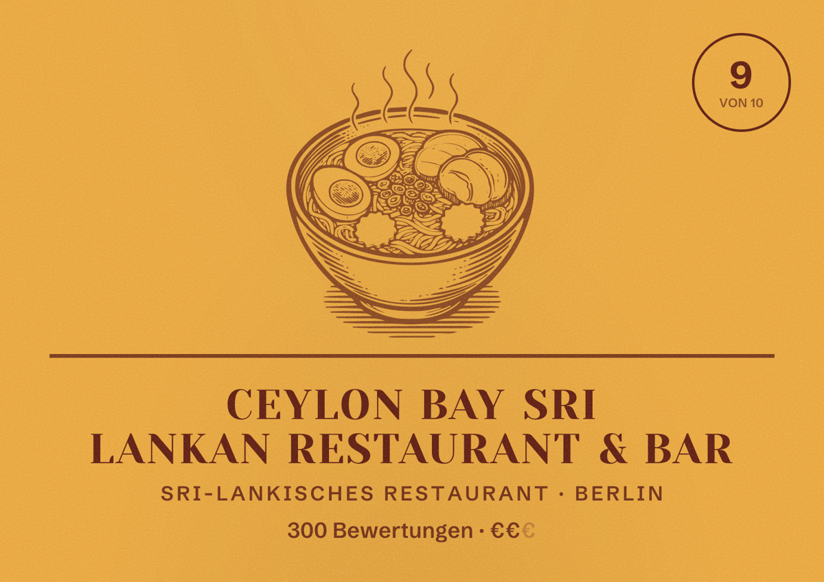 Illustriertes Poster von Ceylon Bay Sri Lankan Restaurant & Bar, Sri-Lankisches Restaurant in Berlin: Bewertung 9,0 von 10 aus 300 Bewertungen, Preisniveau €€