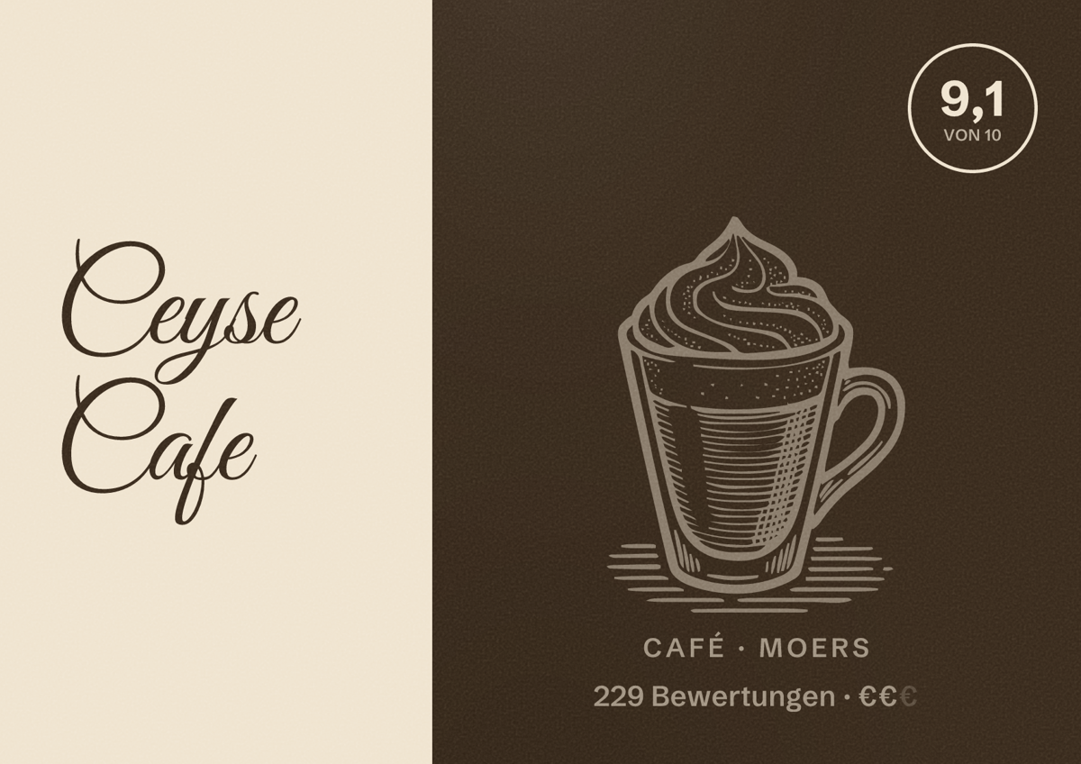 Illustriertes Poster von Ceyse Cafe, Café in Moers: Bewertung 9,1 von 10 aus 229 Bewertungen, Preisniveau €€