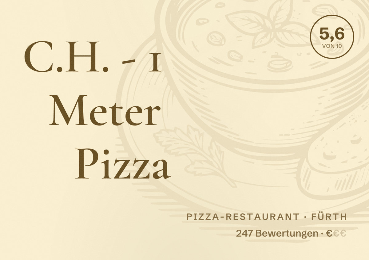Illustriertes Poster von C.H. - 1 Meter Pizza, Pizza-Restaurant in Fürth: Bewertung 5,6 von 10 aus 247 Bewertungen, Preisniveau €