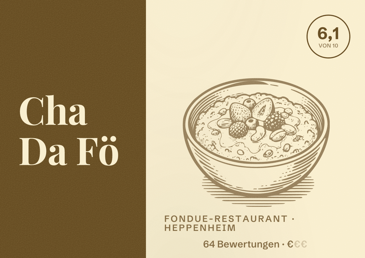 Illustriertes Poster von Cha Da Fö, Fondue-Restaurant in Heppenheim: Bewertung 6,1 von 10 aus 64 Bewertungen, Preisniveau €