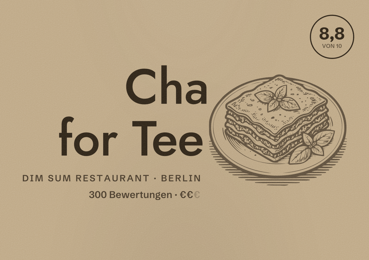 Illustriertes Poster von Cha for Tee, Dim Sum Restaurant in Berlin: Bewertung 8,8 von 10 aus 300 Bewertungen, Preisniveau €€