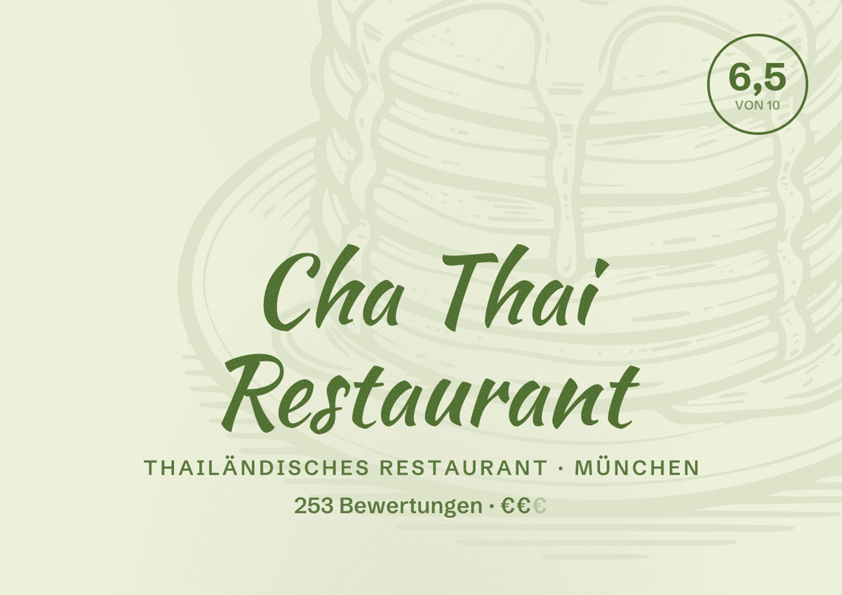Illustriertes Poster von Cha Thai Restaurant, Thailändisches Restaurant in München: Bewertung 6,5 von 10 aus 253 Bewertungen, Preisniveau €€