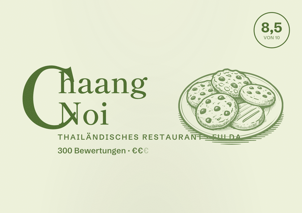 Illustriertes Poster von Chaang Noi, Thailändisches Restaurant in Fulda: Bewertung 8,5 von 10 aus 300 Bewertungen, Preisniveau €€