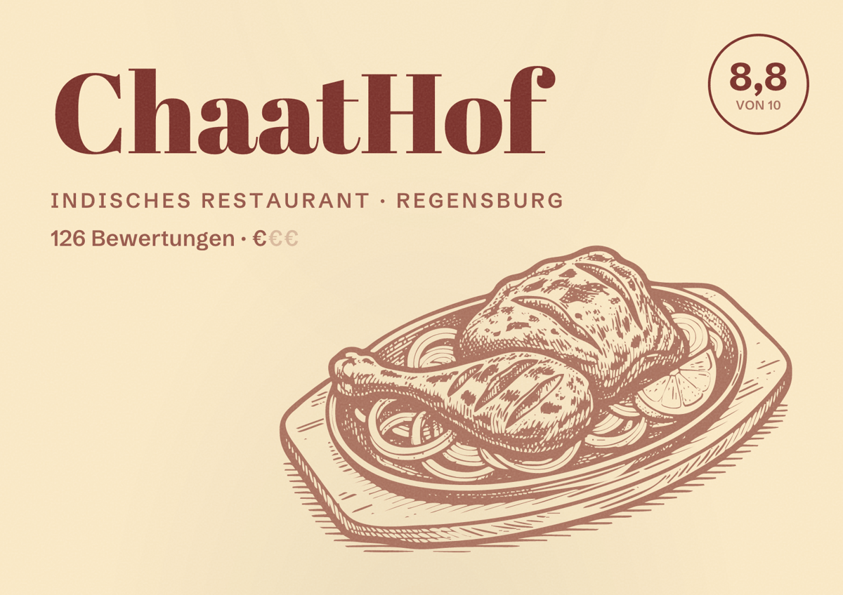 Illustriertes Poster von ChaatHof, Indisches Restaurant in Regensburg: Bewertung 8,8 von 10 aus 126 Bewertungen, Preisniveau €