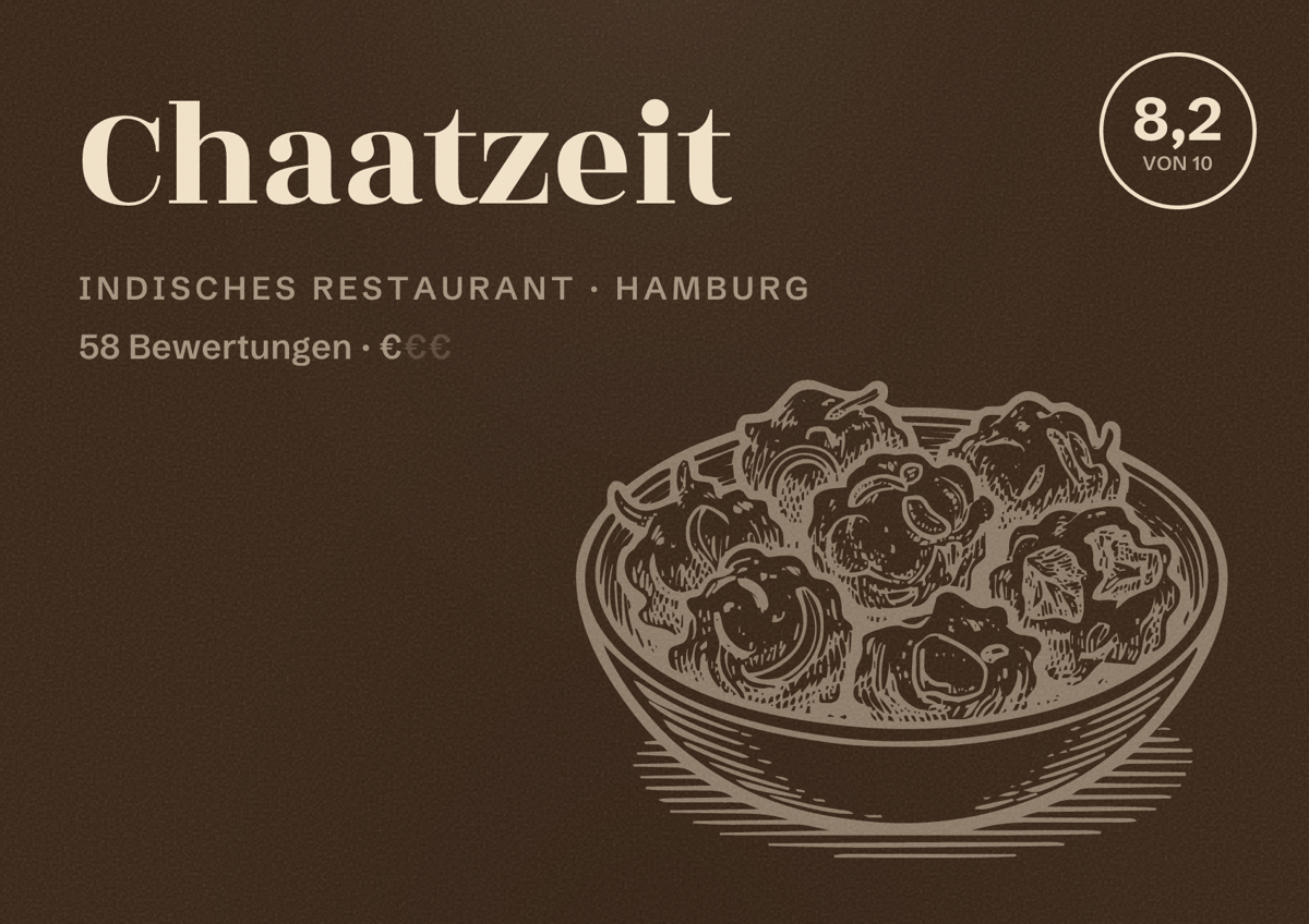 Illustriertes Poster von Chaatzeit, Indisches Restaurant in Hamburg: Bewertung 8,2 von 10 aus 58 Bewertungen, Preisniveau €