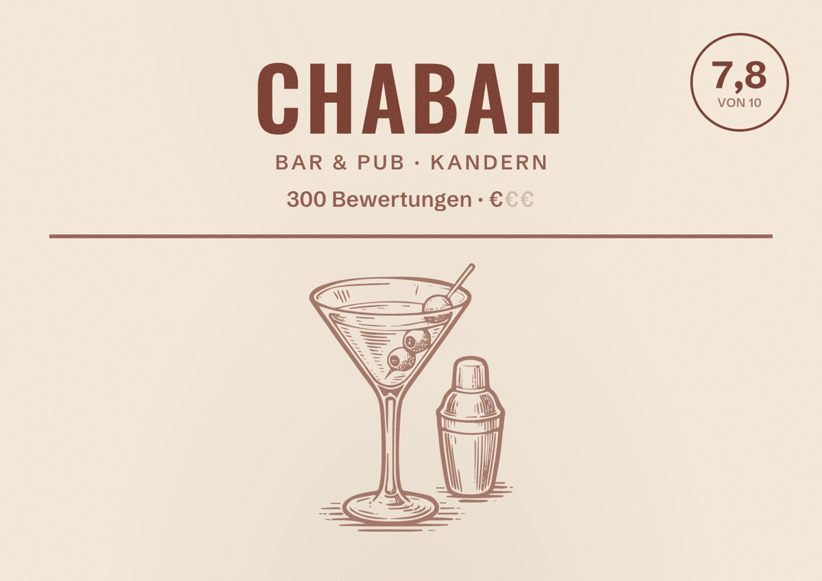 Illustriertes Poster von ChaBah, Bar & Pub in Kandern: Bewertung 7,8 von 10 aus 300 Bewertungen, Preisniveau €