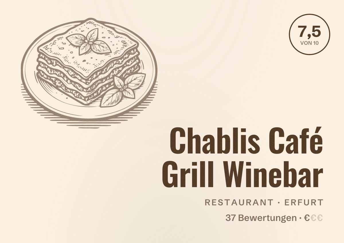 Illustriertes Poster von Chablis Café Grill Winebar, Restaurant in Erfurt: Bewertung 7,5 von 10 aus 37 Bewertungen, Preisniveau €