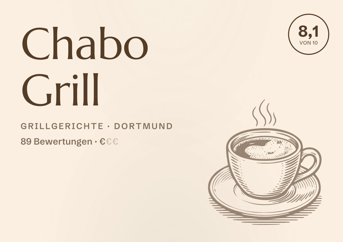 Illustriertes Poster von Chabo Grill, Grillgerichte in Dortmund: Gästebewertung 8,1 von 10 aus 89 Bewertungen