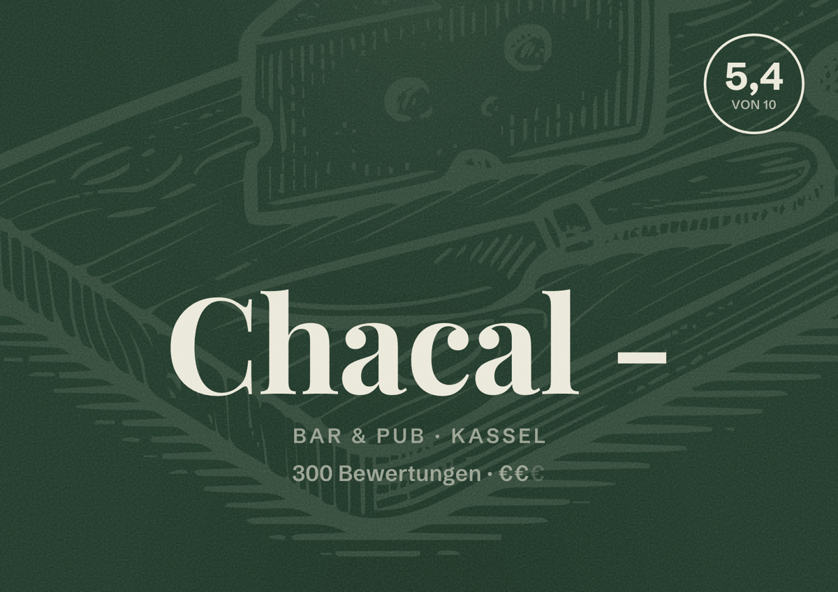 Illustriertes Poster von Chacal -, Bar & Pub in Kassel: Bewertung 5,4 von 10 aus 300 Bewertungen, Preisniveau €€