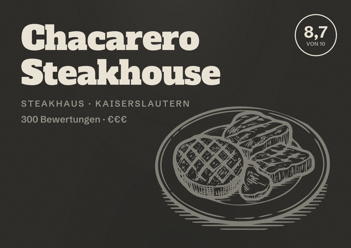 Illustriertes Poster von Chacarero Steakhouse, Steakhaus in Kaiserslautern: Bewertung 8,7 von 10 aus 300 Bewertungen, Preisniveau €€€