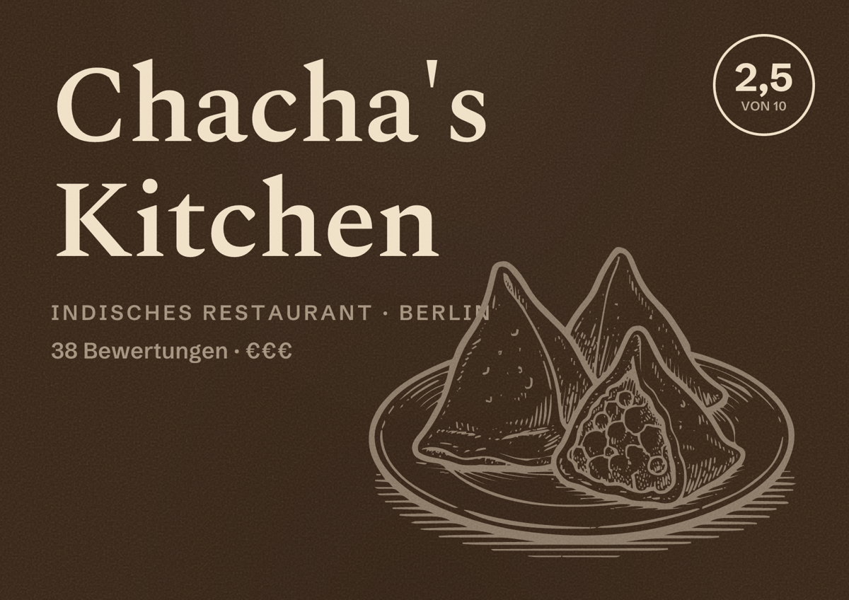Illustriertes Poster von Chacha's Kitchen, Indisches Restaurant in Berlin: Bewertung 2,5 von 10 aus 38 Bewertungen, Preisniveau €€€