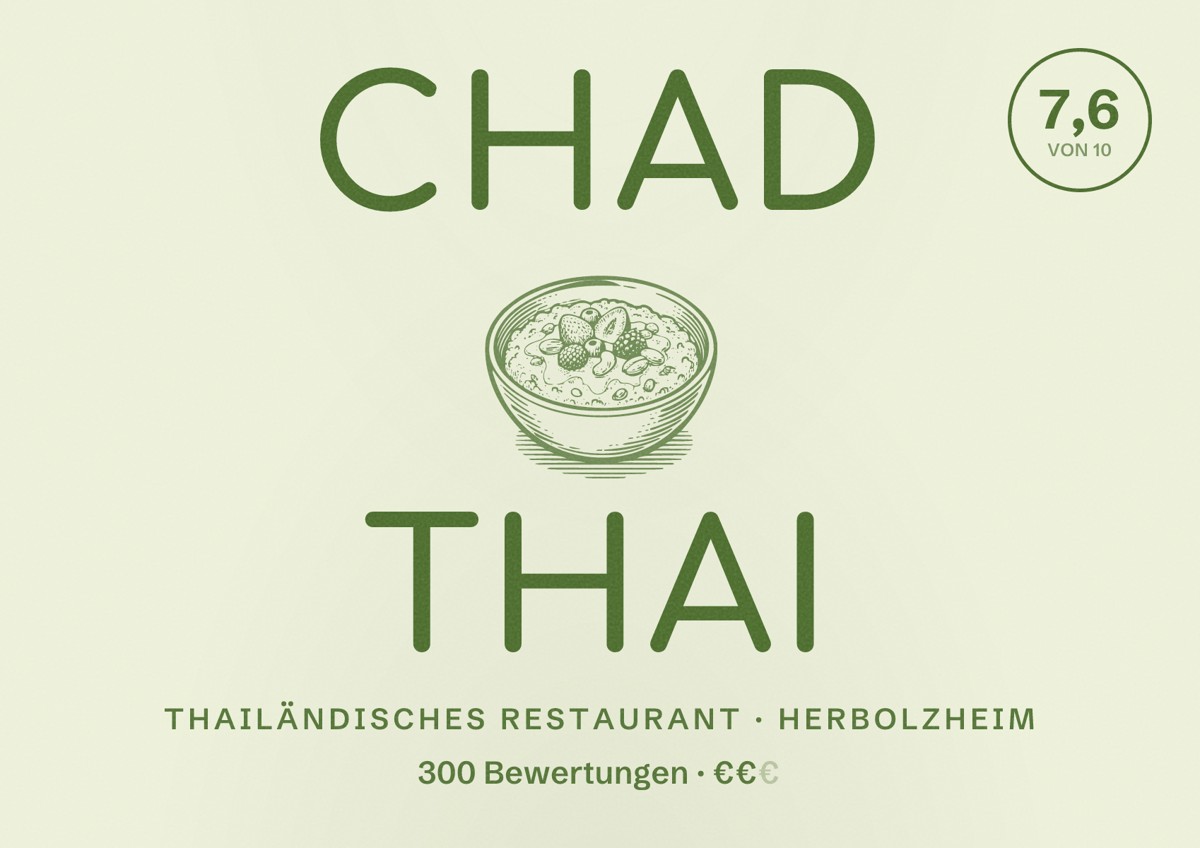 Illustriertes Poster von Chad Thai, Thailändisches Restaurant in Herbolzheim: Bewertung 7,6 von 10 aus 300 Bewertungen, Preisniveau €€