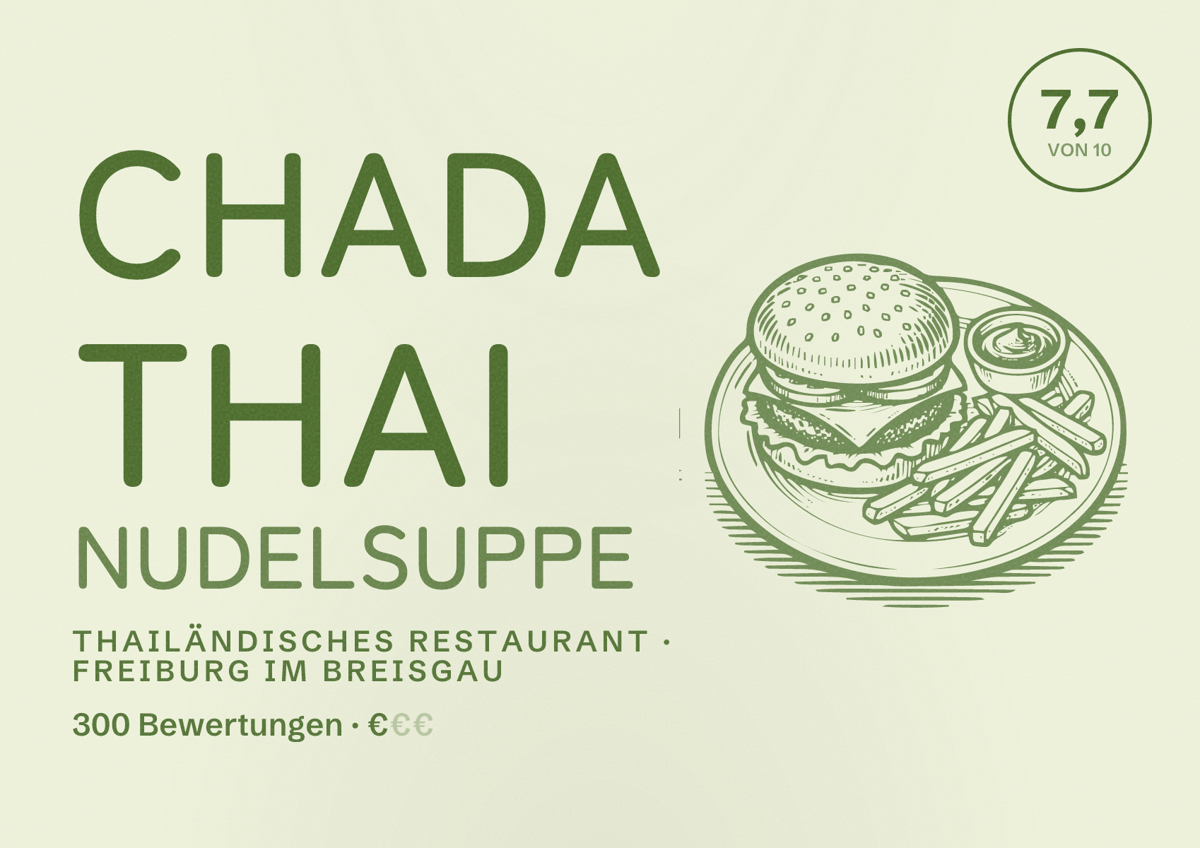 Illustriertes Poster von Chada Thai Nudelsuppe, Thailändisches Restaurant in Freiburg im Breisgau: Bewertung 7,7 von 10 aus 300 Bewertungen, Preisniveau €