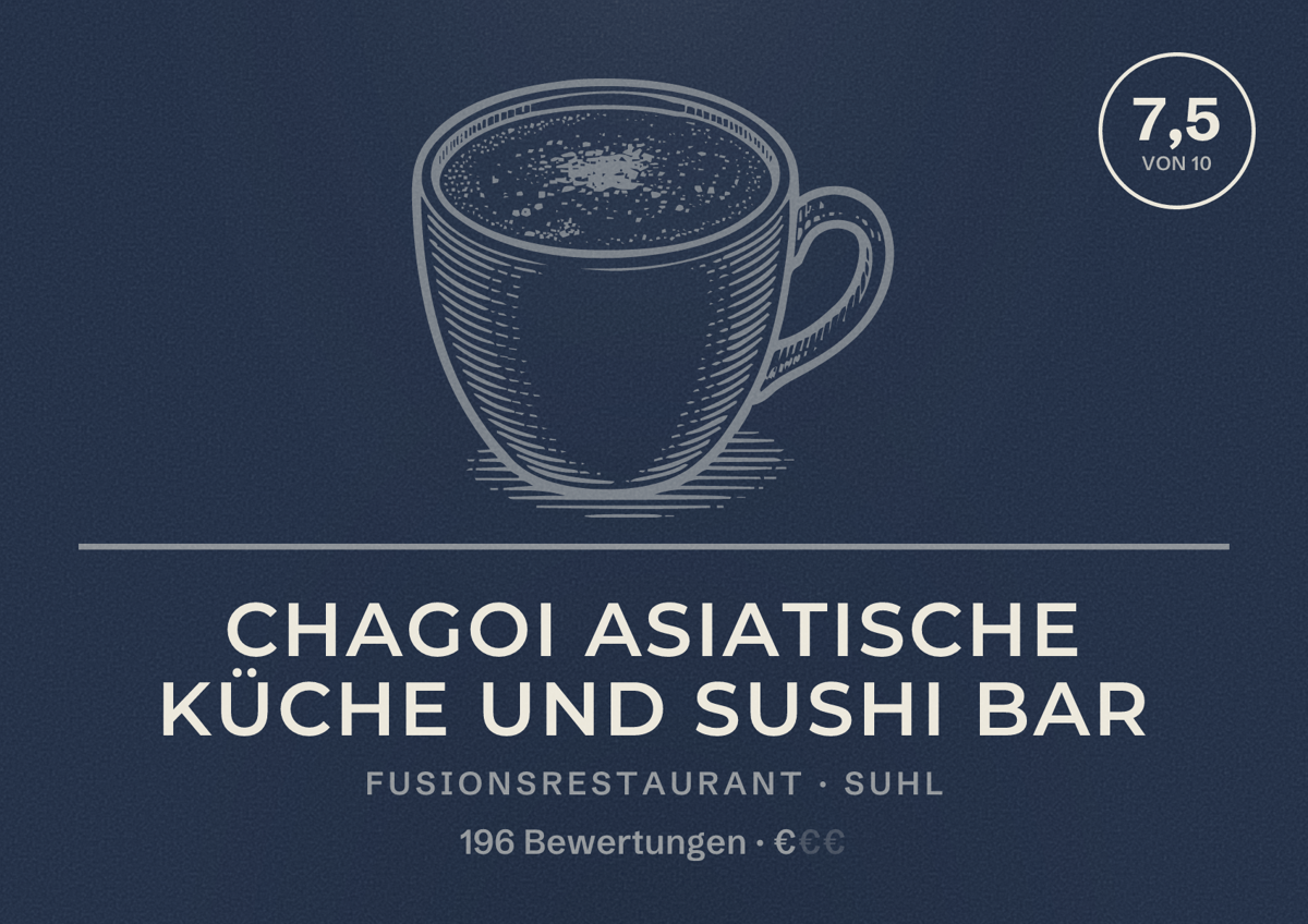 Illustriertes Poster von Chagoi asiatische Küche und Sushi Bar, Fusionsrestaurant in Suhl: Bewertung 7,5 von 10 aus 196 Bewertungen, Preisniveau €