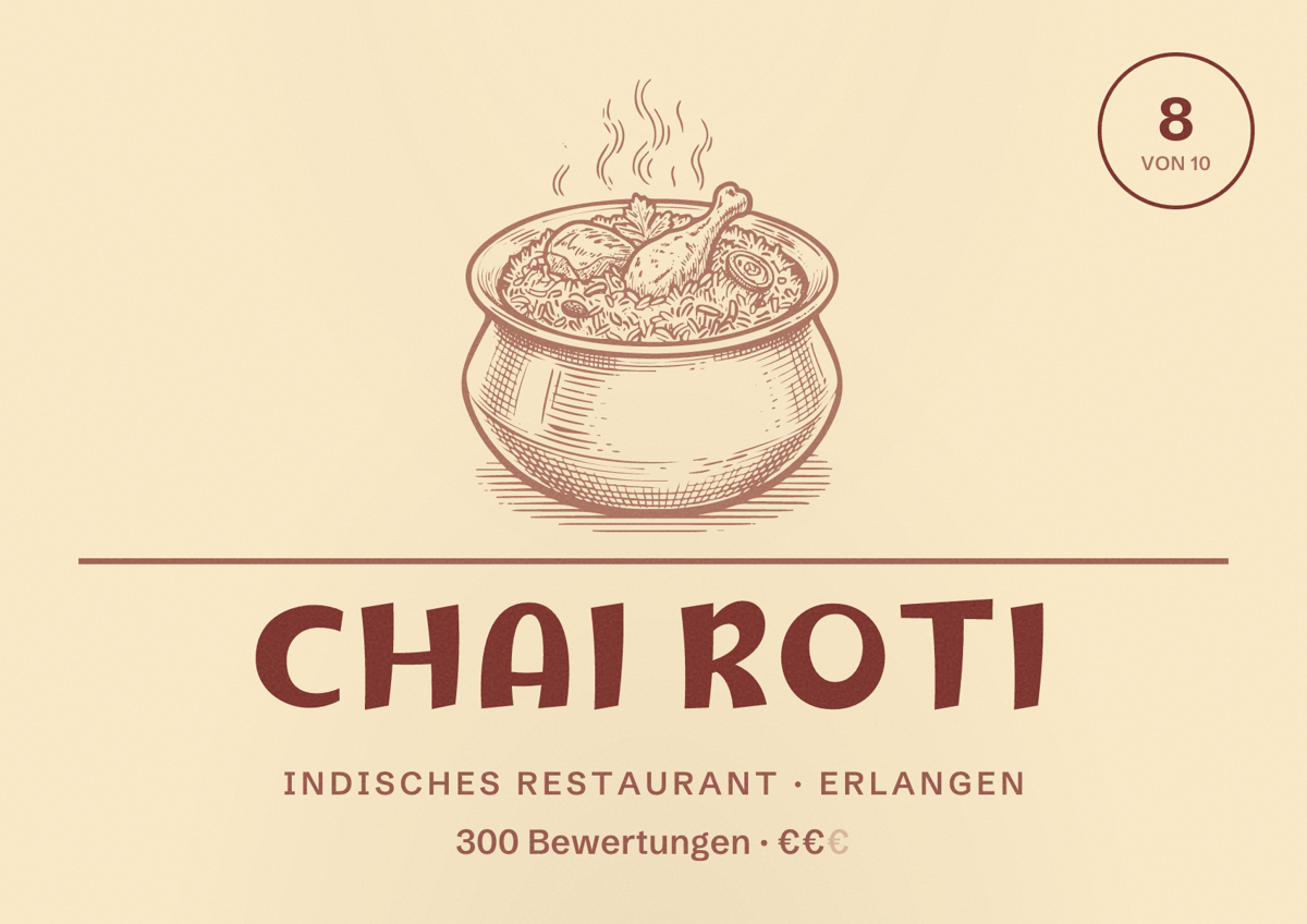 Illustriertes Poster von Chai Roti, Indisches Restaurant in Erlangen: Bewertung 8 von 10 aus 300 Bewertungen, Preisniveau €€