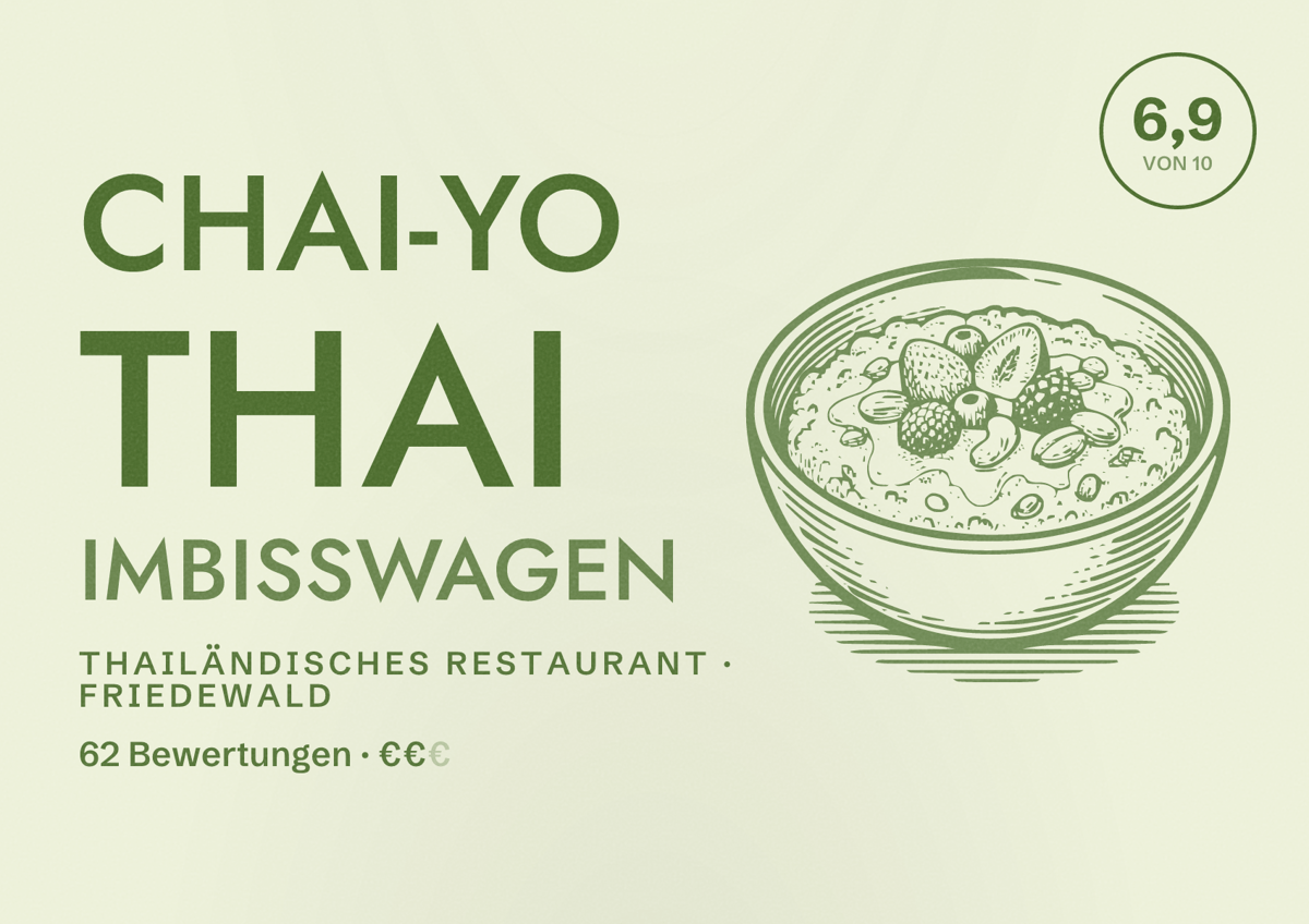 Illustriertes Poster von Chai-Yo Thai Imbisswagen, Thailändisches Restaurant in Friedewald: Bewertung 6,9 von 10 aus 62 Bewertungen, Preisniveau €€