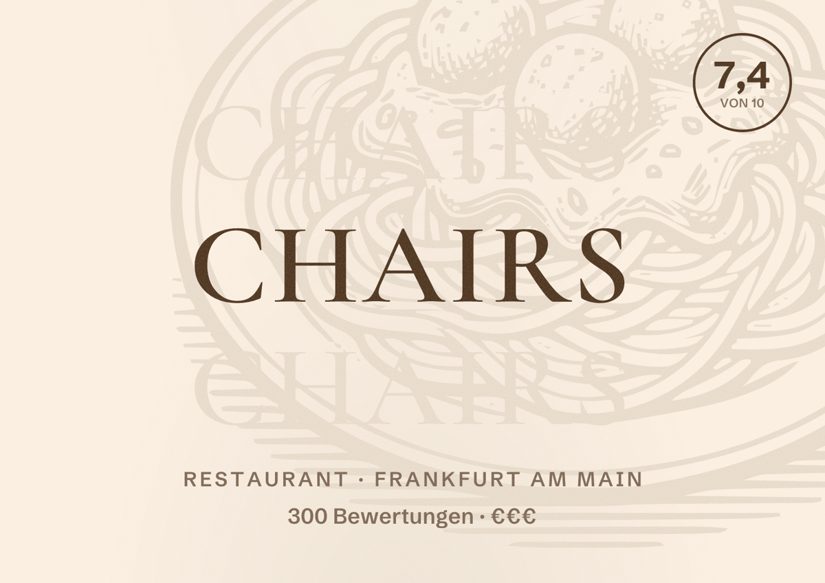 Illustriertes Poster von Chairs, Restaurant in Frankfurt am Main: Bewertung 7,4 von 10 aus 300 Bewertungen, Preisniveau €€€