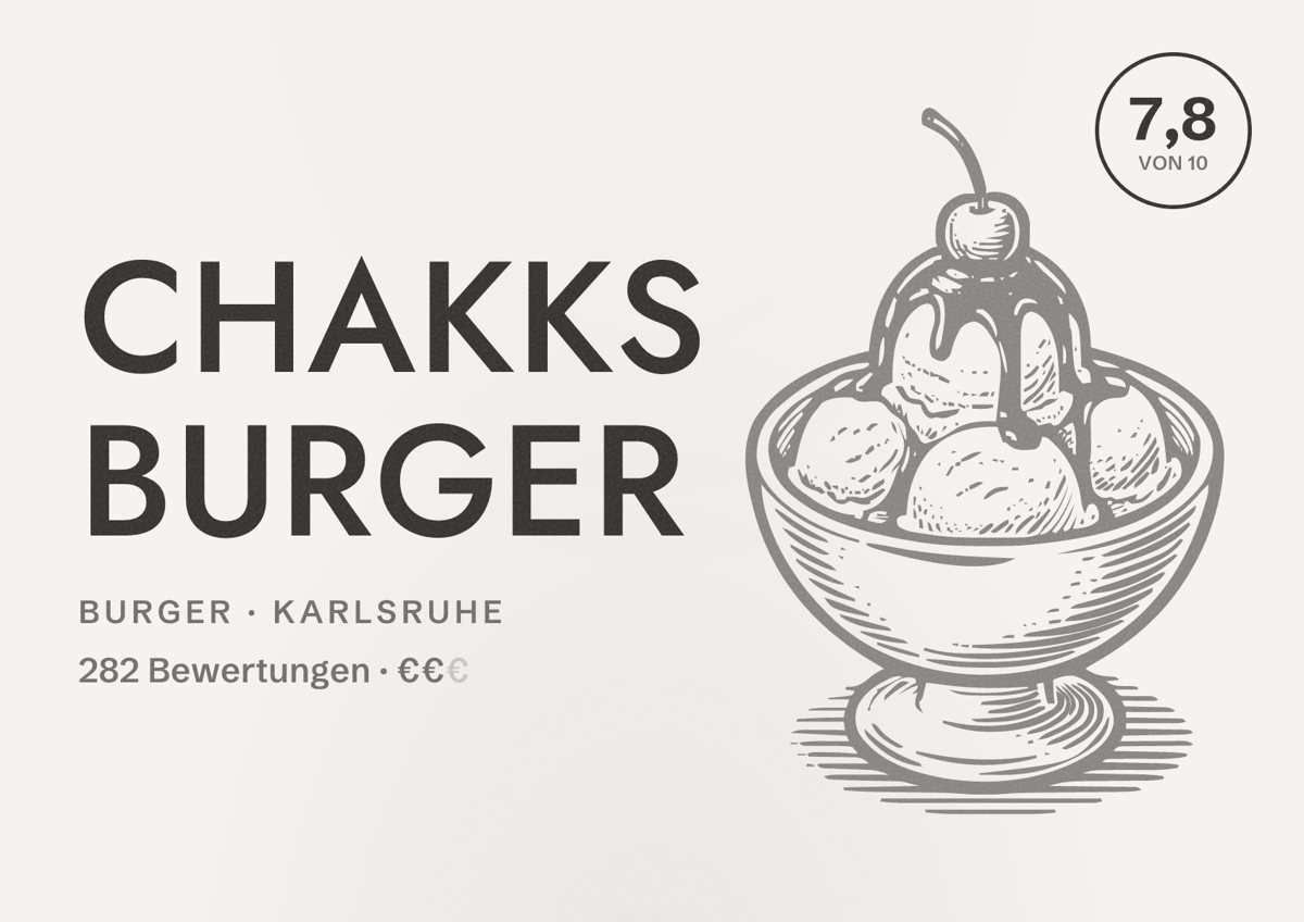 Illustriertes Poster von Chakks Burger, Burger in Karlsruhe: Bewertung 7,8 von 10 aus 282 Bewertungen, Preisniveau €€