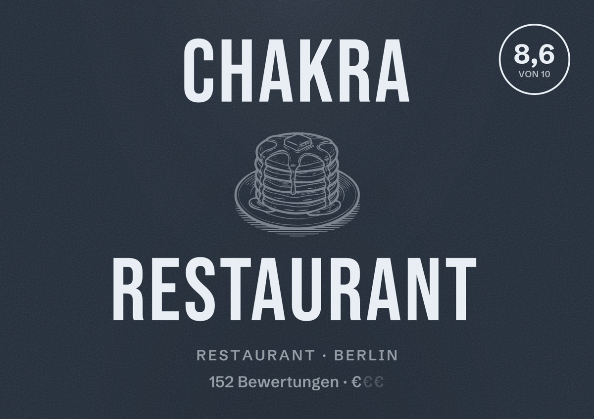 Illustriertes Poster von Chakra Restaurant, Restaurant in Berlin: Bewertung 8,6 von 10 aus 152 Bewertungen, Preisniveau €