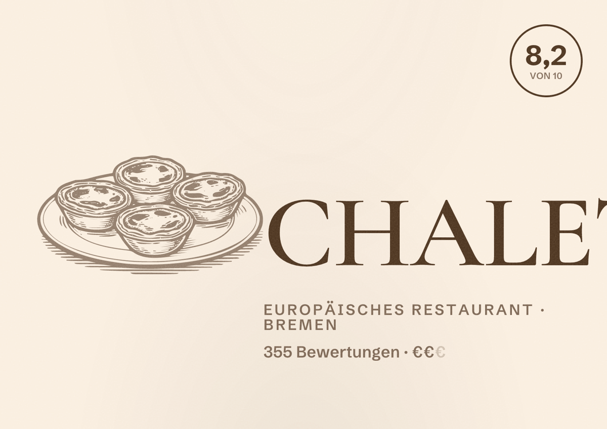 Illustriertes Poster von CHALET, Europäisches Restaurant in Bremen: Bewertung 8,2 von 10 aus 355 Bewertungen, Preisniveau €€